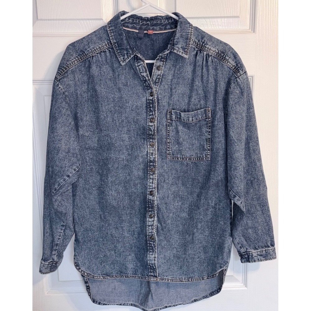 Pilcro Denim Button Down Shirt XS Blue Acid Wash Oversized High Low Hem
